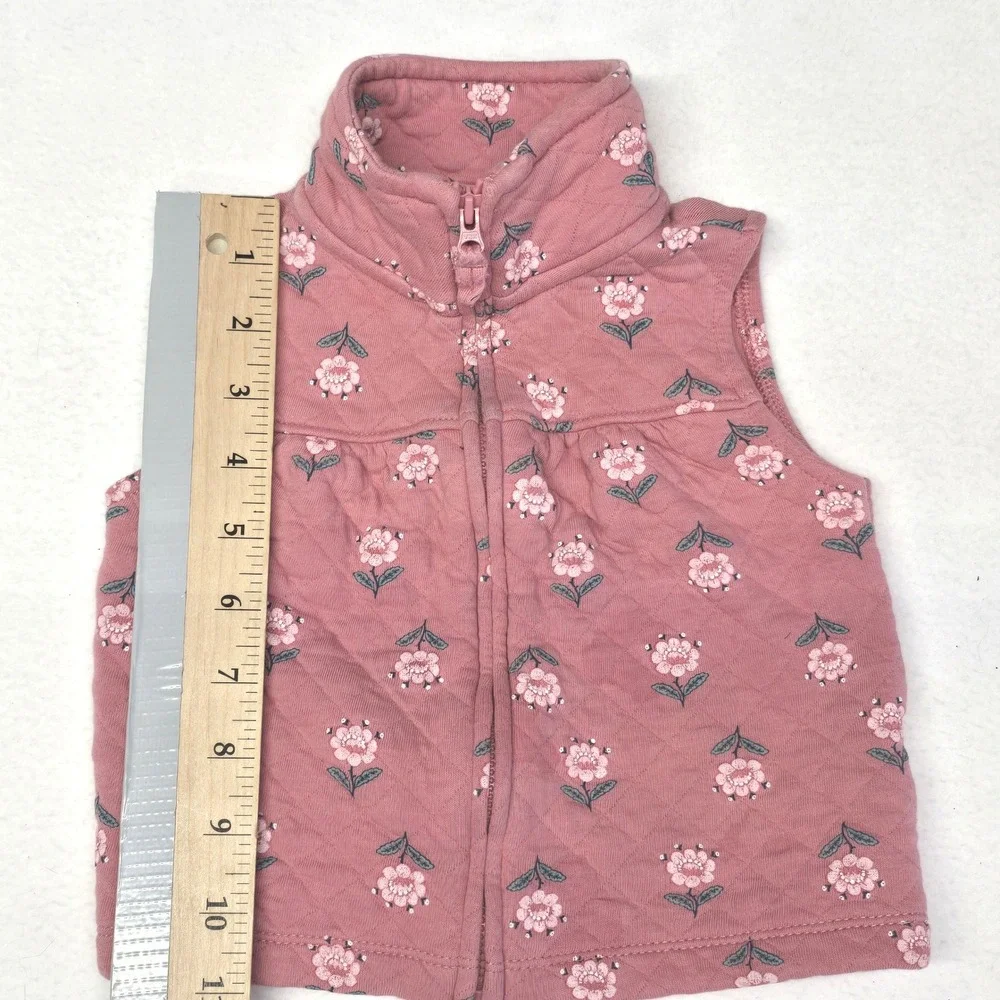 Carters Baby Girls Pink Quilted Floral Zip Up Vest 12M Rose Flower Print Layer